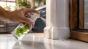 Person spraying natural peppermint oil near a kitchen window to repel ants using smells ants hate