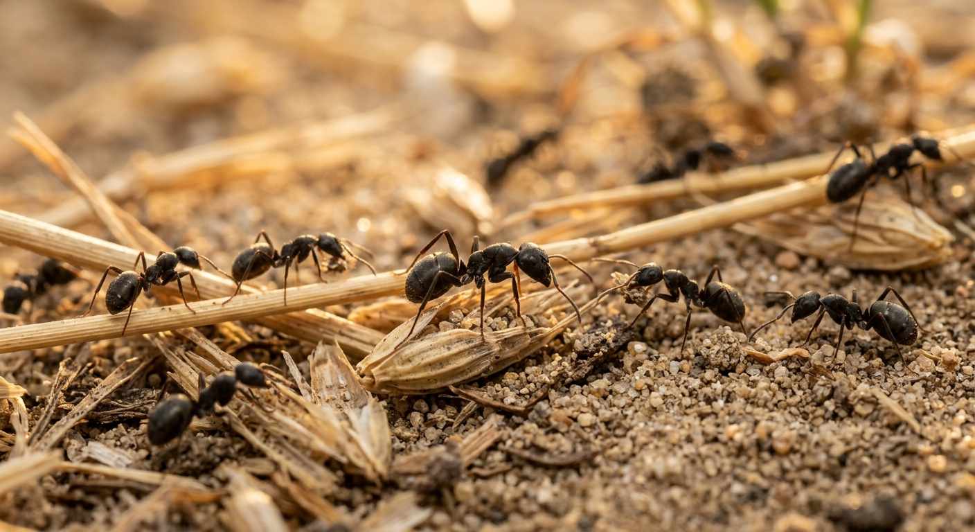 Black garden ants foraging on sandy soil — why are ants so bad this year
