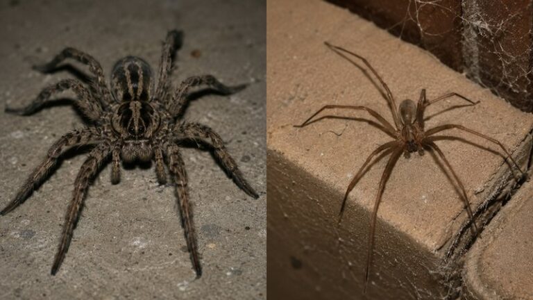 Wolf spider vs brown recluse side by side comparison showing size and body differences
