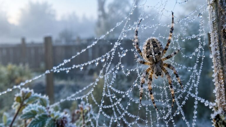 Cold-blooded garden spider resting on a frost-and-dew covered web on a freezing winter morning, its body temperature matching the cold air