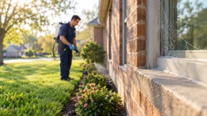 Technician spraying spider treatment along a brick home foundation in early spring