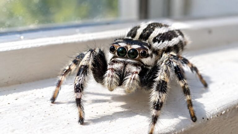 Close-up of a black and white striped jumping spider on a sunny window sill