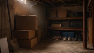 Dark basement storage where house spider vs brown recluse commonly hide near boxes and shoes