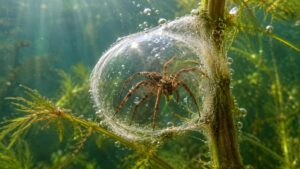 Diving bell spider inside its silvery underwater air bubble on a plant stem, showing that spiders don't hate water
