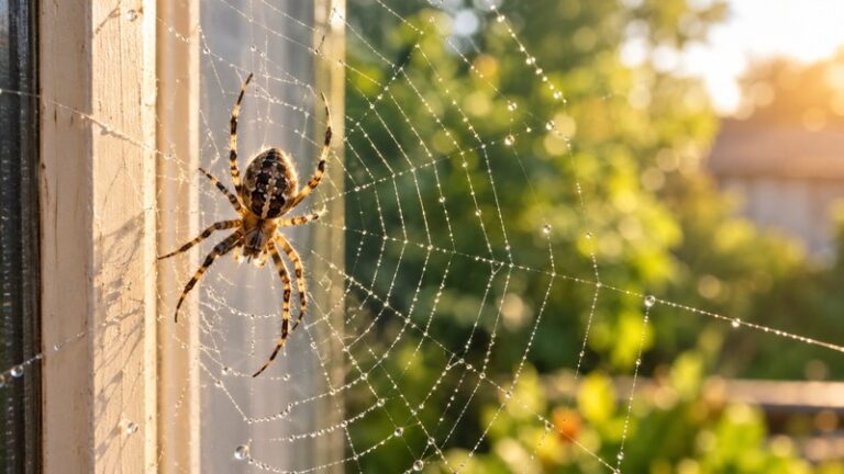 Garden orb-weaver spider on a dew-covered web in a sunlit window frame during summer