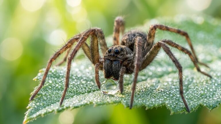 Close-up of a spider drinking water from a dew droplet on a leaf — do spiders drink water in the wild