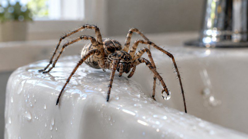 Do spiders hate water — a wolf spider resting on a wet bathroom sink edge with water droplets around it