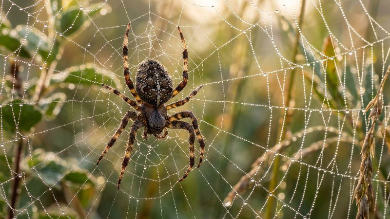 Brown orb-weaver spider resting on a dew-covered web at sunrise, dewdrops glistening on the silk strands