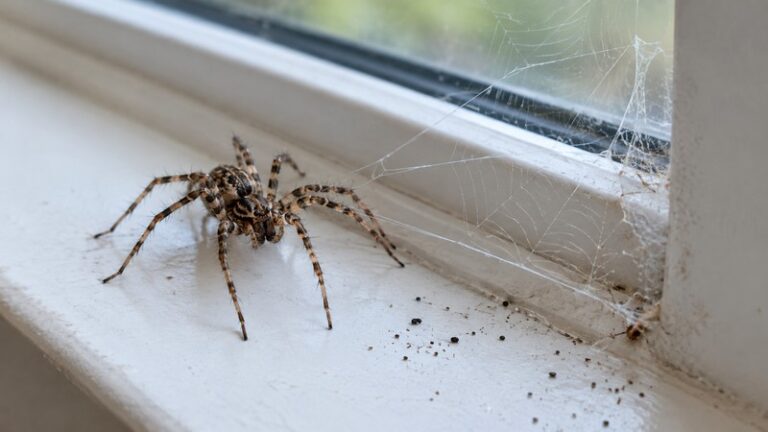 Brown house spider on a white window sill next to its web with small dark spider droppings nearby — do spiders poop