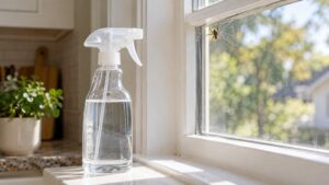 White vinegar spray bottle on a sunny windowsill near a house spider in its web