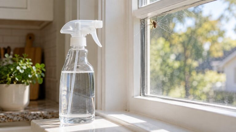 White vinegar spray bottle on a sunny windowsill near a house spider in its web