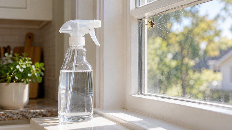 White vinegar spray bottle on a sunny windowsill near a house spider in its web