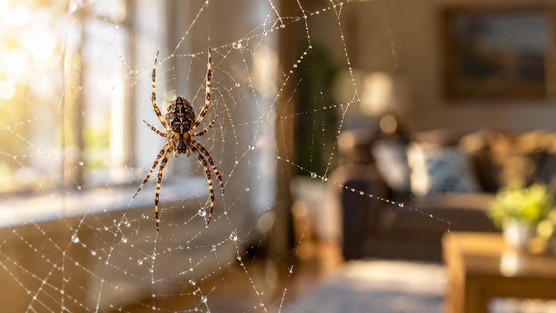 Household spiders in Texas — common house spider on a dewy web inside a Texas home with sunlit living room in the background