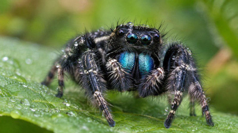 How long do jumping spiders live — bold jumping spider (Phidippus audax) on a green leaf