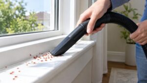 Vacuuming tiny red clover mites off a window sill — are tiny red spiders dangerous to remove