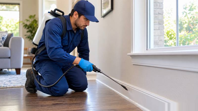 Professional pest control technician spraying baseboard treatment inside a Texas home to get rid of spiders in Texas