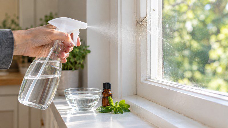 Does vinegar kill spiders? A hand sprays diluted vinegar on a window corner web with peppermint oil nearby