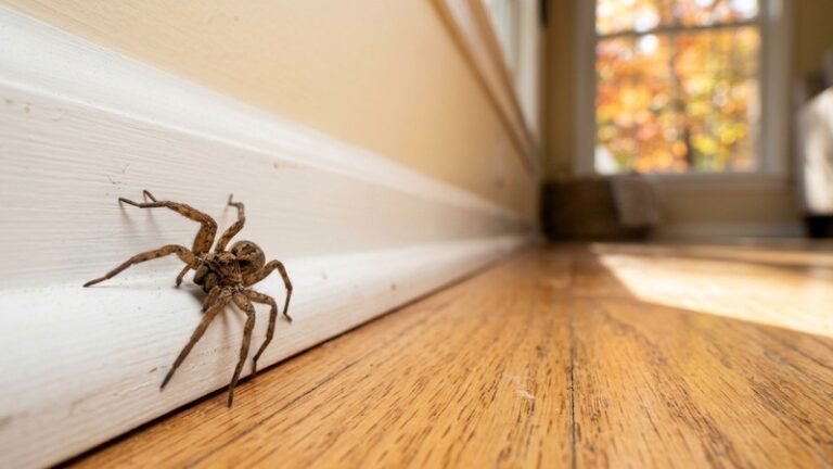 Is fall spider season? A wolf spider crawls along a baseboard inside a home in autumn