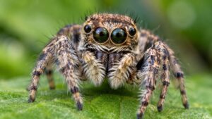 Close-up of a jumping spider on a green leaf, raising the question — will spiders eat dead bugs when live prey is scarce