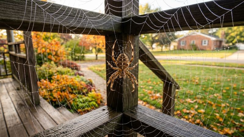 Is fall spider season? An orb-weaver spider rests in a dew-covered porch web in autumn
