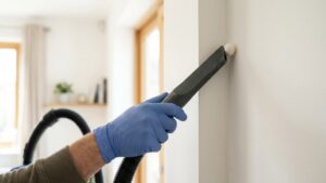 Gloved hand vacuuming a spider egg sac off a wall — are spider eggs visible and how to remove them safely