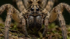 Wolf spider face close-up showing its chelicerae and fangs — the mouthparts behind the do spiders have tongues question