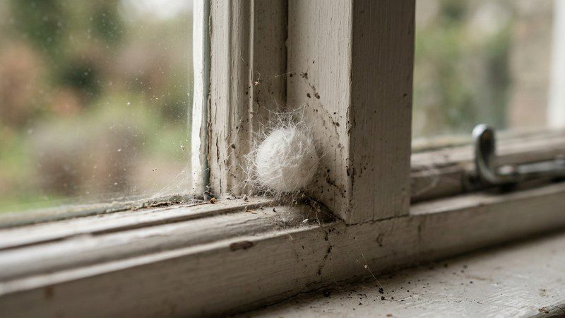 White spider egg sac in a window frame corner — are spider eggs visible on a windowsill