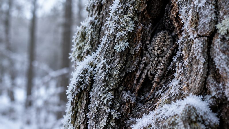 Are spiders cold blooded — a dormant spider sheltering in frost-covered tree bark during winter, surviving the cold through diapause