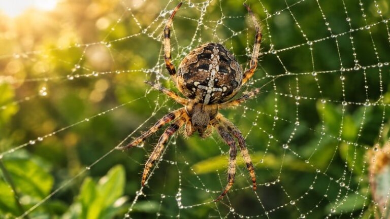 A garden spider on a dew-covered web, showing what animals eat spiders in natural habitats