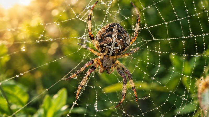 A garden spider on a dew-covered web, showing what animals eat spiders in natural habitats