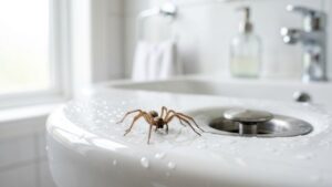 House spider near a wet bathroom sink drain, showing where and how do spiders drink water indoors