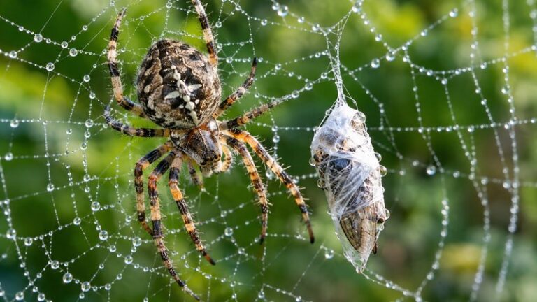 Garden orb-weaver spider on a dew-covered web beside a dead insect wrapped in silk