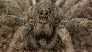 Close-up of a wolf spider Texas showing its eye arrangement and hairy body on soil
