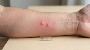Yellow sac spider bite symptoms — two small red bumps with mild redness and swelling on a forearm