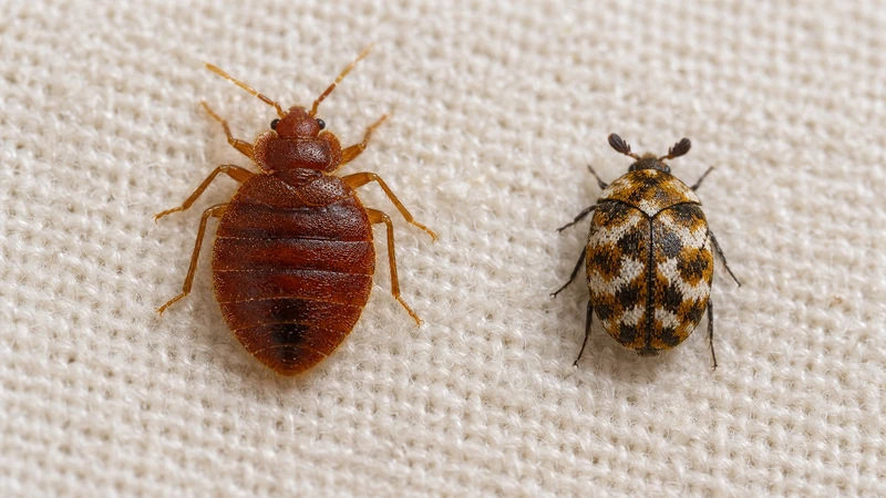 Beetle vs bed bug comparison showing a flat reddish-brown bed bug beside a patterned carpet beetle on fabric