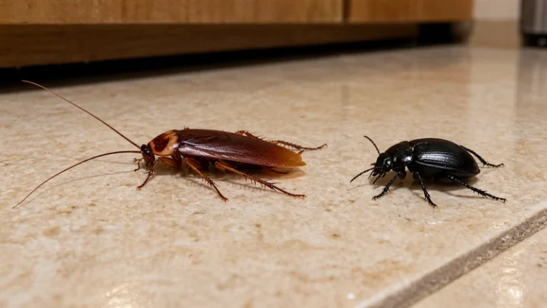Beetle vs cockroach: a reddish-brown American cockroach next to a shiny black ground beetle on a kitchen floor tile
