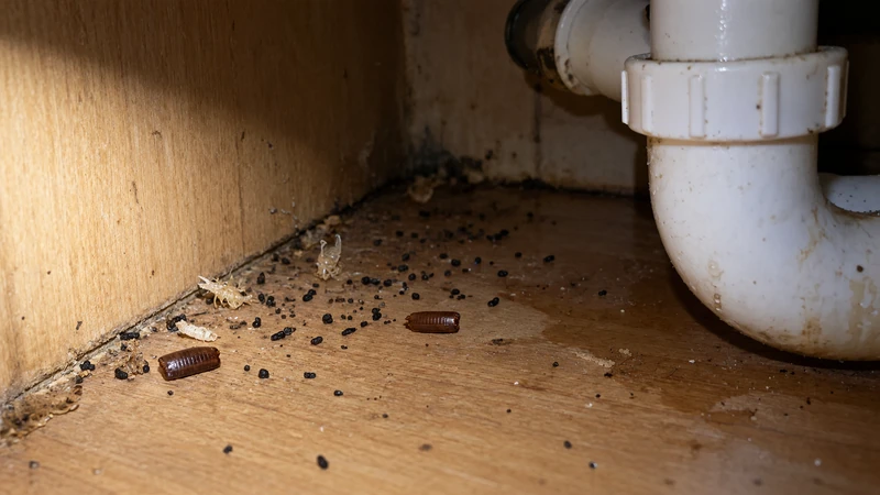 Beetle vs cockroach signs: cockroach droppings, egg cases and shed skins under a kitchen sink drain pipe
