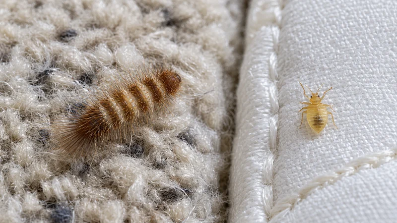Beetle vs bed bug young stages: a hairy carpet beetle larva on a wool rug next to a pale bed bug nymph on a mattress seam