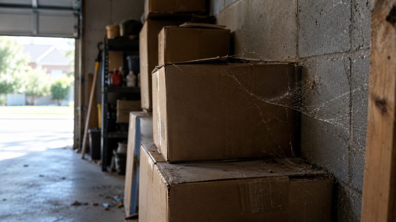 Cobwebs and a house spider between stacked cardboard boxes in a dark garage corner