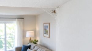 Why are there so many spiders in my house: a house spider in a cobweb in the living room ceiling corner